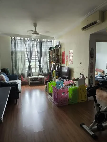 Living features: laminate flooring, light grey painted walls, 5-blade ceiling fan, floor-to-ceiling windows with sheer curtains, black sofa, wooden shelving unit, television, colorful plastic playpen, exercise bike, decorative wall art, area rug, dining table in background; style: modern.