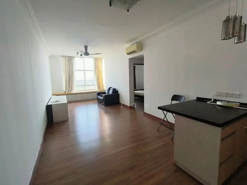 Living features: laminate flooring, white painted walls, 5-blade ceiling fan with light, floor-to-ceiling windows, sheer curtains, black leather sofa, coffee table, air conditioning unit, open layout to kitchen, natural light from window; style: modern; view: city. Room features: laminate flooring, white painted walls, bed visible in background.