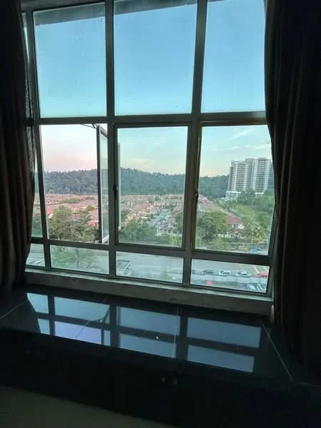 Room features: floor-to-ceiling windows, black window sill, curtains, view of city skyline, view of greenery, view of parking area; view: city.