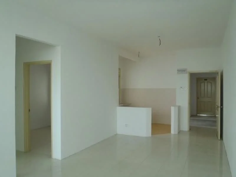 Room features: white painted walls, glossy tile flooring, open layout, doorway leading to another room, doorway leading to kitchen area, light fixture on ceiling, neutral color scheme; style: modern.