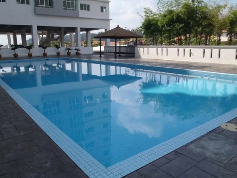 Exterior type: swimming pool deck; features: infinity pool, pool deck with loungers, surrounding planters, paved flooring, gazebo, manicured landscaping, clear blue water, reflections on water surface; style: modern.