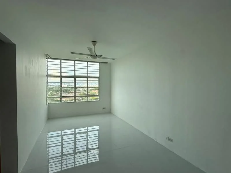 Room features: white painted walls, glossy tile flooring, 5-blade ceiling fan, large windows, natural light, city view, minimalist decor, no visible furniture; style: modern; view: city.