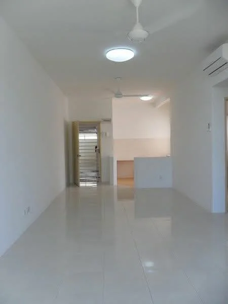 Room features: white painted walls, glossy tile flooring, recessed ceiling lights, 2 ceiling fans, wall-mounted split AC, open layout, doorway leading to another room; style: modern.