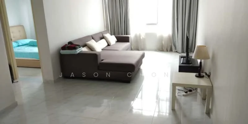 Living features: L-shape sectional sofa in brown, two decorative cushions, white side table, table lamp, wall-mounted TV, white walls, glossy tile flooring, floor-to-ceiling windows with sheer curtains, natural light from window; style: modern. Bedroom features: queen-size bed with beige upholstered headboard, light blue bedding, wooden bed frame, white walls, carpeted flooring, natural light from window.