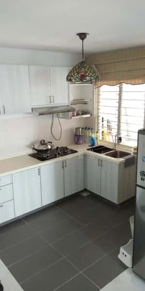 Kitchen features: light grey cabinetry, white countertop, stainless-steel sink, double-bowl stainless-steel sink, chrome pull-down faucet, 4-burner gas hob, built-in oven, exhaust hood, pendant light, tile backsplash, grey tile flooring, window with horizontal blinds, open shelving, refrigerator; style: modern.
