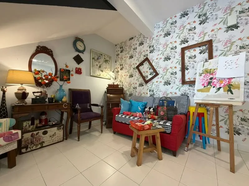 Living features: red fabric sofa, checkered throw blanket, wooden coffee table, decorative artwork on easel, floral wallpaper, white tiled flooring, table lamp with beige shade, wooden side table, framed mirrors on wall, wooden chair, decorative wall clock, houseplants in ceramic pots, colorful stools, vintage-style wooden console table; style: modern.