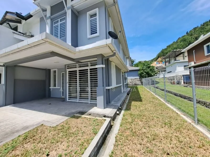 Exterior type: semi-detached house; features: grey painted facade, sliding glass door, security grille, manicured lawn, paved walkway, fenced yard, two-storey structure, gutter system, mountain view in background; style: modern.