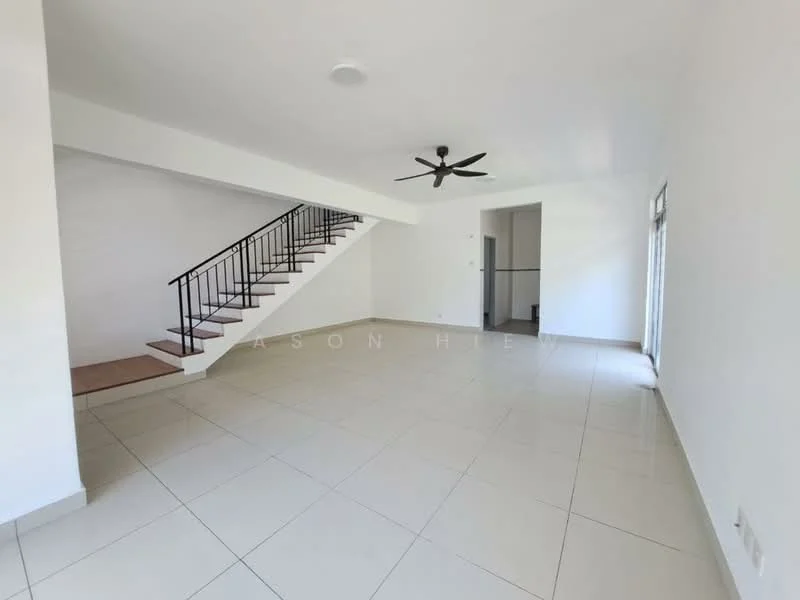 Living features: white painted walls, tile flooring, 5-blade ceiling fan, large windows, staircase with black railing, open layout, natural light, neutral color scheme; style: modern.