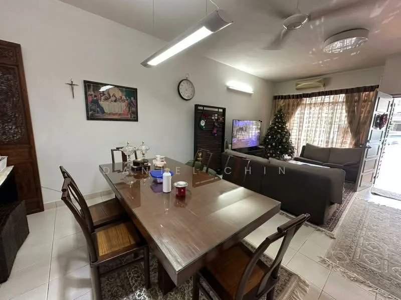 Dining features: wooden dining table, 6 dining chairs, decorative candles on table, wall-mounted clock, framed artwork on wall, cream painted walls, tile flooring, ceiling fan with light, area rug with geometric pattern, sofa in living area visible, Christmas tree in corner, curtains with sheer and blackout layers; style: modern.