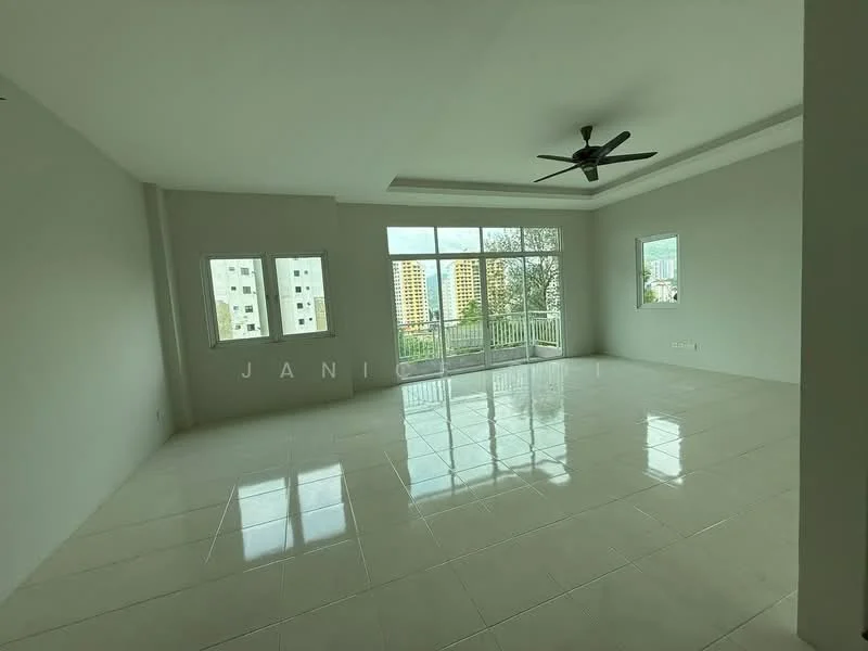 Living features: white painted walls, polished ceramic tile flooring, tray ceiling, 5-blade ceiling fan, floor-to-ceiling windows, sliding glass door, natural light from windows, city view; style: modern; view: city.