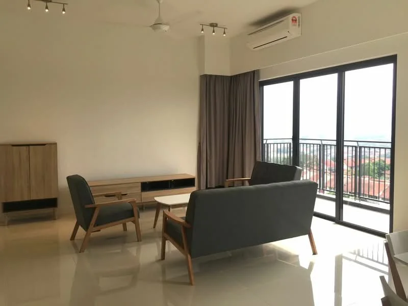 Living features: 2-seater fabric sofa in grey, 3-seater fabric sofa in grey, coffee table, TV console, floor-to-ceiling windows, curtains, ceiling fan, wall-mounted split AC, polished tile flooring, neutral painted walls; style: modern; view: city.