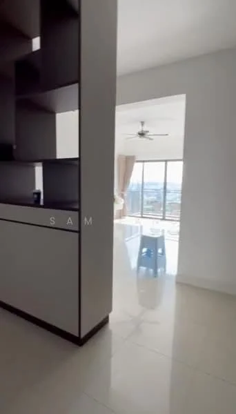 Room features: white walls, glossy tile flooring, ceiling fan, large windows, curtains, built-in shelving unit, open layout, natural light; style: modern; view: city.