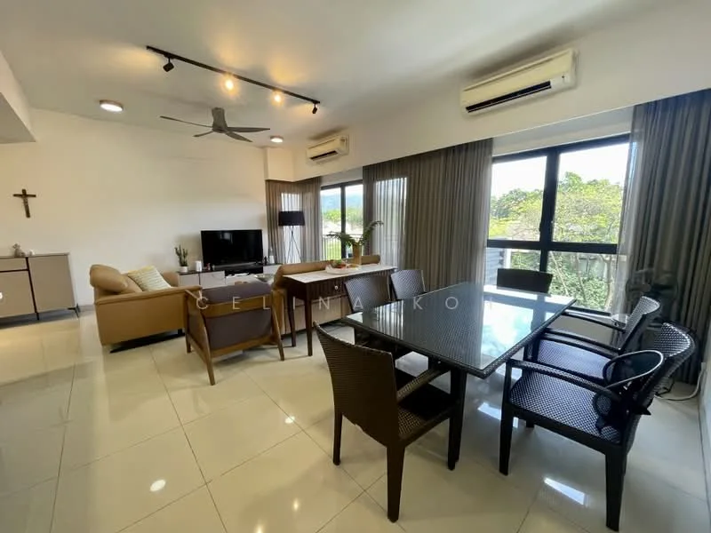 Living features: 3-seater leather sofa in beige, 2-seater fabric sofa, coffee table, TV console, wall-mounted TV, dining table for 6, upholstered dining chairs, 5-blade ceiling fan with light, floor-to-ceiling windows, curtains, white painted walls, glossy tile flooring; style: modern; view: garden.