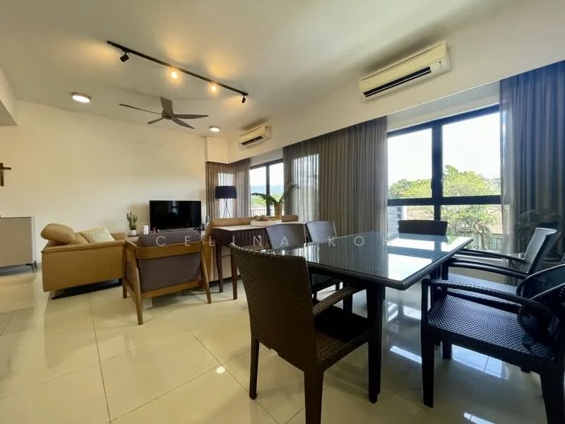 Living features: 5-blade ceiling fan with light, wall-mounted TV, sofa in beige, coffee table, dining table with glass top, black dining chairs, floor-to-ceiling windows, curtains, air conditioning unit, tile flooring, decorative plant; style: modern; view: garden.