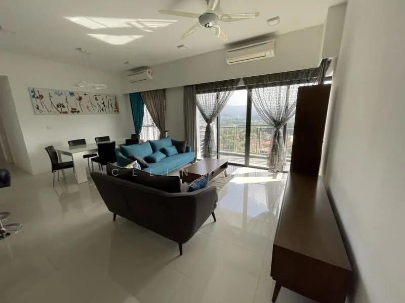Living features: 3-seater fabric sofa in turquoise, 2-seater fabric sofa in dark grey, coffee table, TV console, wall-mounted TV, floor-to-ceiling windows, sheer curtains, blackout curtains, ceiling fan with light, recessed downlights, area rug, decorative artwork on wall, dining table with 4 chairs; style: modern; view: city.
