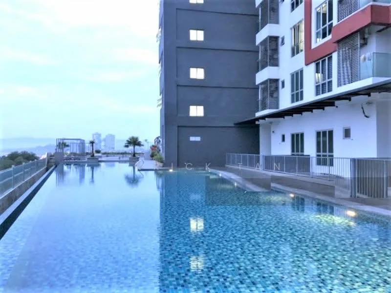 Exterior type: high-rise condominium; features: infinity pool, pool deck with loungers, glass railing, tiled pool surface, surrounding landscaping, modern architectural design, multiple storeys, city skyline view in background; style: modern.