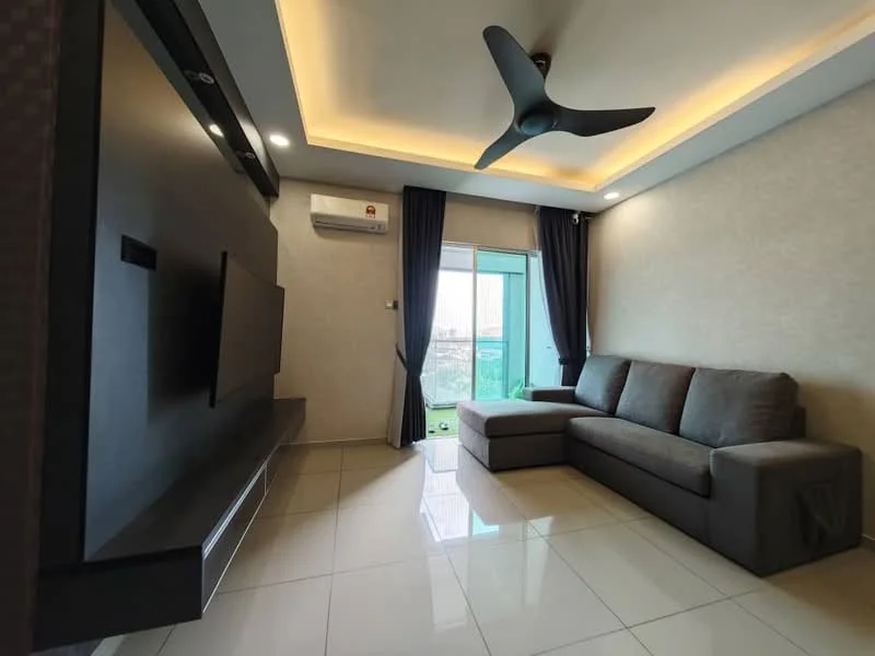 Living features: grey L-shape sectional sofa, wall-mounted TV, dark wood feature wall, recessed LED downlights, 5-blade ceiling fan with light, floor-to-ceiling windows, sliding glass door, dark curtains, glossy tile flooring, air conditioning unit; style: modern; view: city.