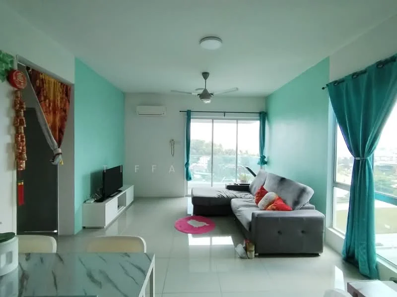Living features: light green painted walls, white ceiling, 5-blade ceiling fan with light, floor-to-ceiling windows, sliding glass door, grey L-shape sectional sofa, orange accent pillows, white TV console, wall-mounted TV, area rug in pink, tile flooring, curtains in teal; style: modern; view: city.