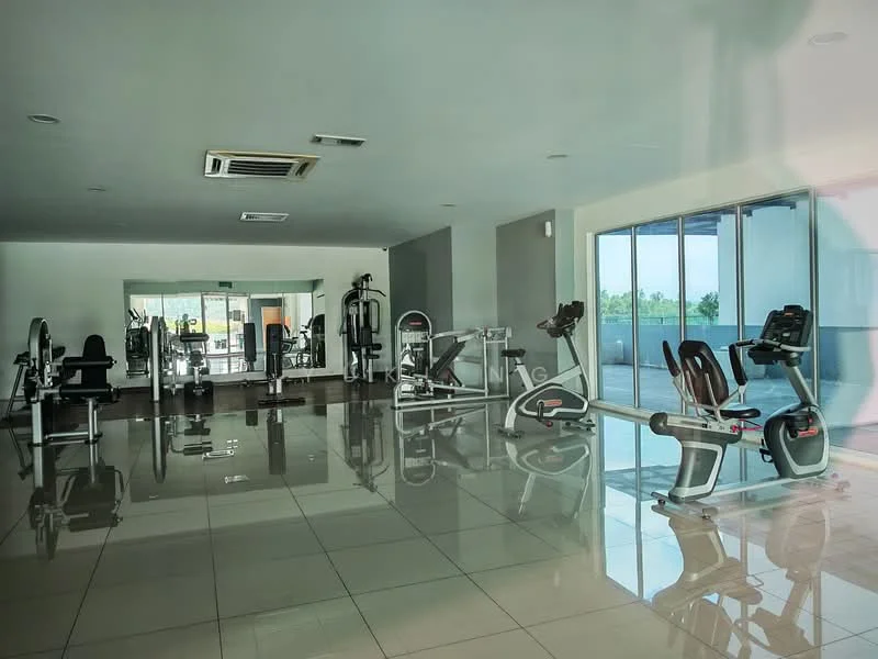 Room features: large windows with city view, mirrored wall, polished tile flooring, ceiling-mounted air conditioning unit, various exercise machines, stationary bike, treadmill, weight training equipment, open layout, bright lighting; style: modern; view: city.