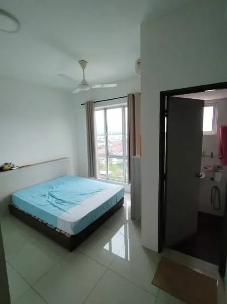 Bedroom features: queen-size bed with light blue bedding, white painted walls, glossy tile flooring, ceiling fan, floor-to-ceiling windows, curtains, built-in wardrobe, door leading to bathroom; style: modern; view: city. Bathroom features: toilet, sink, shower area, tile flooring, white walls.