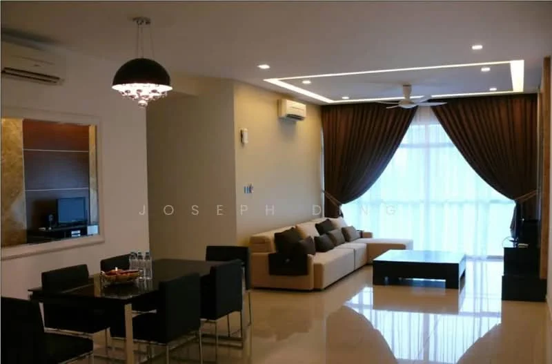 Living features: cream painted walls, recessed ceiling with LED lighting, 5-blade ceiling fan with light, floor-to-ceiling windows with sheer curtains, light brown L-shape sectional sofa with cushions, black coffee table, TV console with wall-mounted TV, marble flooring, decorative chandelier, dining table with black chairs; style: modern.