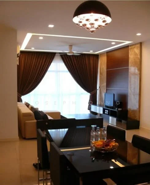 Living features: cream painted walls, polished tile flooring, recessed downlights, chandelier, floor-to-ceiling windows, sheer curtains, dark wood feature wall, TV console, wall-mounted TV, 3-seater fabric sofa in beige, black dining table, black dining chairs, decorative bowl with fruits; style: modern.