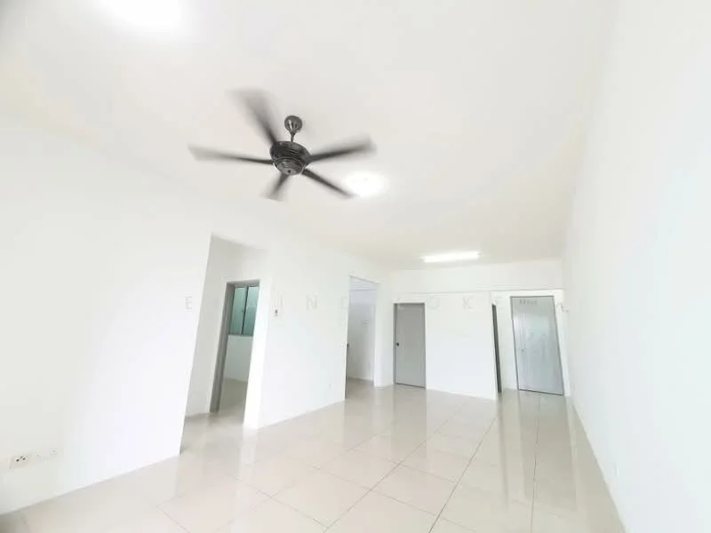 Room features: white painted walls, glossy tile flooring, 5-blade ceiling fan with light, recessed ceiling lights, multiple doorways, open layout, neutral color scheme; style: modern.