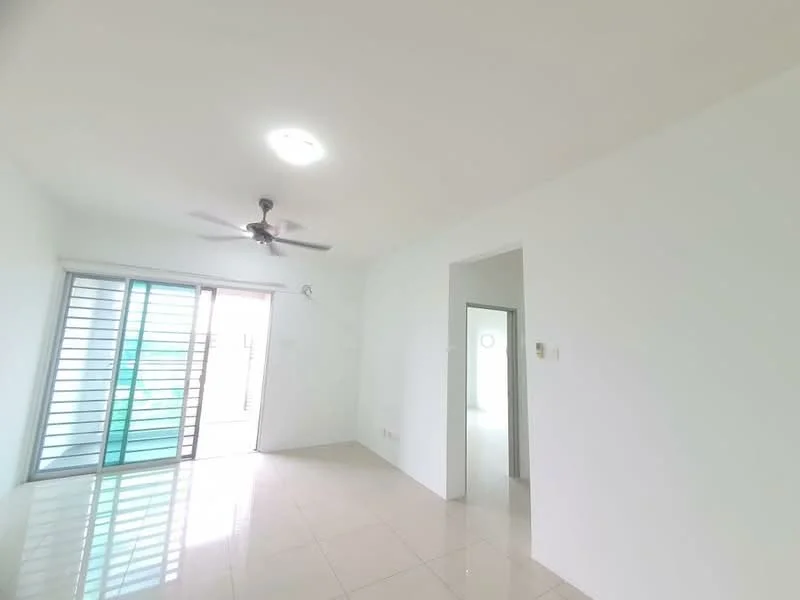 Living features: white painted walls, glossy tile flooring, 5-blade ceiling fan, floor-to-ceiling windows, sliding glass door, natural light, neutral decor, open layout; style: modern. Room features: white painted walls, glossy tile flooring, doorway leading to another room.