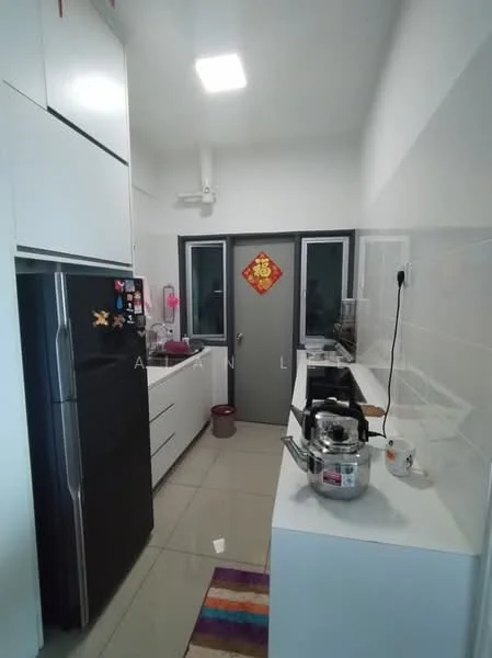 Kitchen features: white cabinetry, black refrigerator, stainless-steel sink, chrome pull-down faucet, white countertop, ceramic tile backsplash, built-in oven, freestanding range oven, wall-mounted hood, recessed LED downlights, sliding glass door, grey walls, tile flooring, colorful area rug; style: modern.