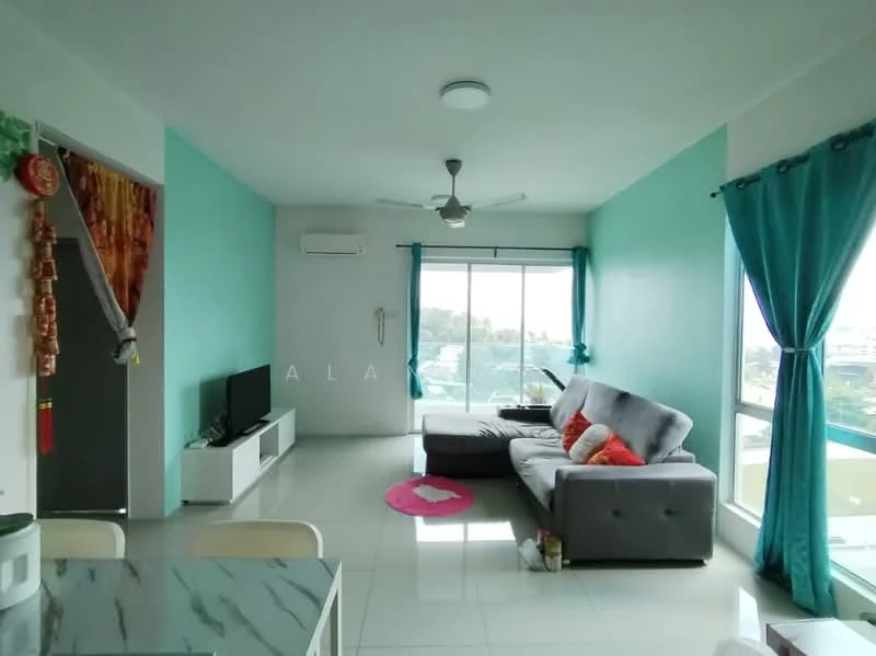 Living features: light grey fabric L-shape sectional sofa, orange and white decorative cushions, white TV console, wall-mounted TV, ceiling fan with light, large floor-to-ceiling windows, curtains in teal, white walls with teal accent wall, glossy tile flooring, decorative wall hanging, pink area rug; style: modern; view: city.
