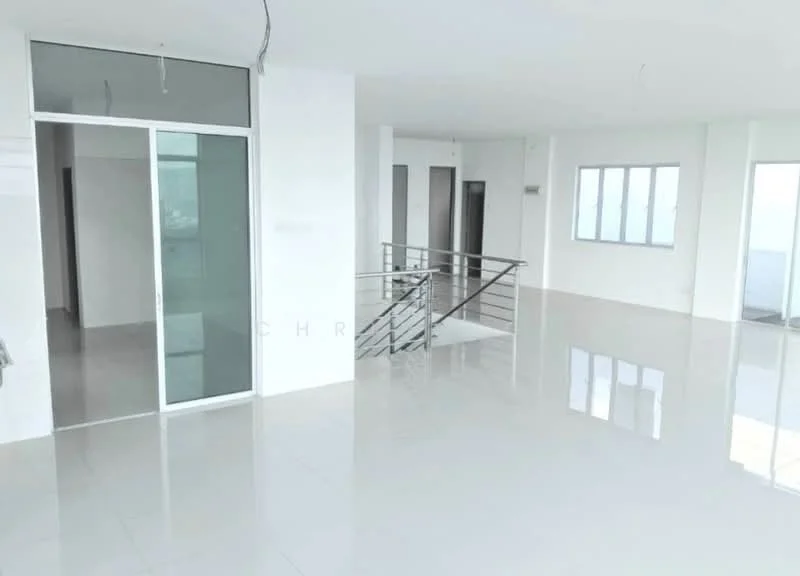 Room features: white painted walls, glossy ceramic tile flooring, large windows with clear glass, metal railing, open layout, natural light, neutral color scheme, high ceiling; style: modern.