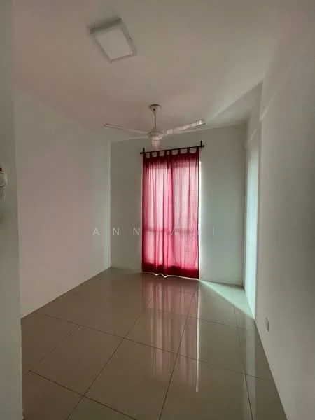 Room features: white painted walls, glossy ceramic tile flooring, 5-blade ceiling fan, red curtains, natural light from window.