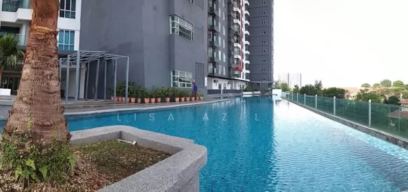 Exterior type: high-rise condominium; features: infinity pool, pool deck with loungers, landscaped garden area, glass railing, modern facade, surrounded by greenery, water feature, palm trees; style: modern.