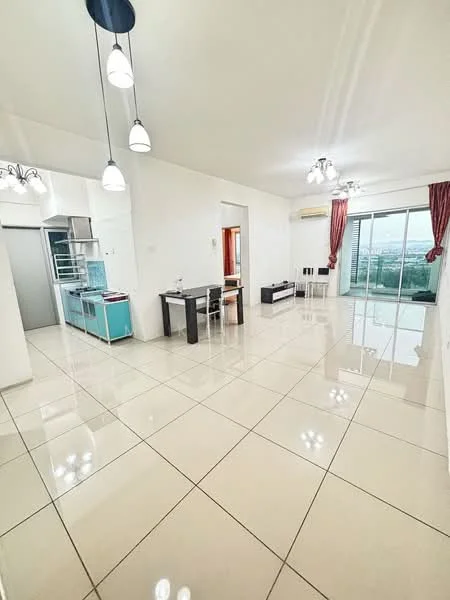 Living features: glossy ceramic tile flooring, white painted walls, recessed downlights, 5-blade ceiling fan with light, large sliding glass door, floor-to-ceiling windows, curtains in red, dining table for four, sofa, TV console, open kitchen layout; style: modern; view: city. Kitchen features: kitchen island, blue cabinetry, stainless-steel appliances, built-in oven, refrigerator, ceramic tile backsplash; style: modern.