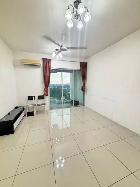 Living features: white painted walls, glossy ceramic tile flooring, 5-blade ceiling fan with light, recessed downlights, sliding glass door, floor-to-ceiling windows, curtains in red, wall-mounted air conditioning unit, TV console, balcony view; style: modern; view: city.