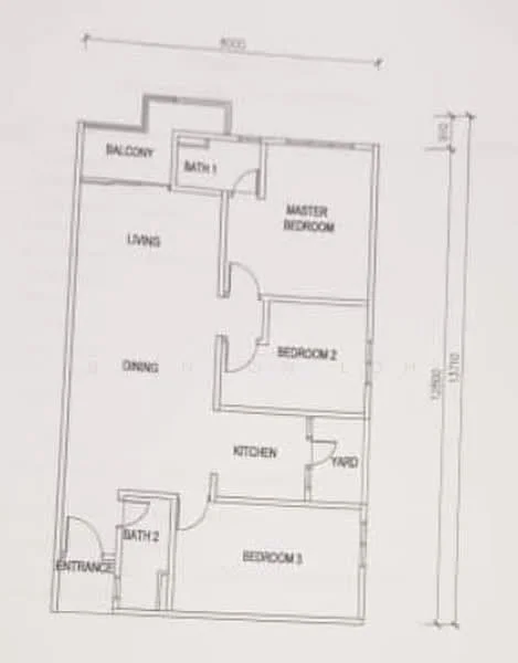 Floor plan: 3-bedroom 2-bathroom unit; features: open-plan kitchen-dining-living, master bedroom with ensuite bathroom, balcony off living room, yard area, utility room, central foyer, 2 car porch.