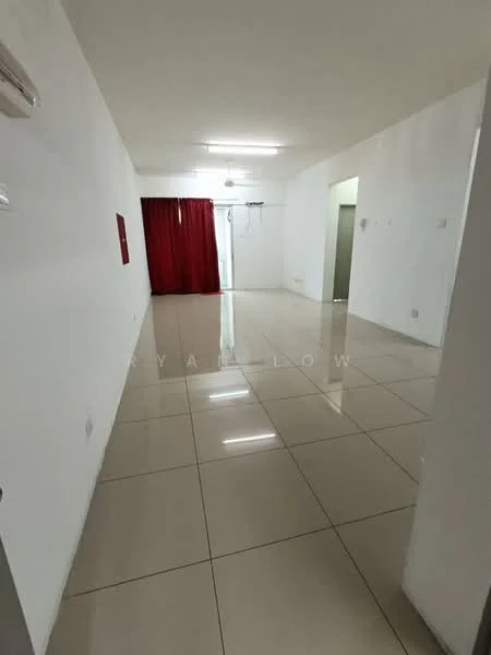 Room features: white painted walls, glossy ceramic tile flooring, recessed downlights, red curtains, air conditioning unit on wall, doorway leading to another room; style: modern.