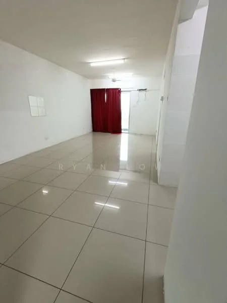 Living features: white painted walls, glossy ceramic tile flooring, ceiling fan, red curtains, large window, natural light, open layout, neutral color scheme; style: modern.
