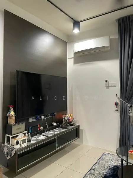Living features: wall-mounted TV, black TV console, decorative items on console, recessed lighting, wall-mounted split AC, grey curtains, cream tiled flooring, area rug with geometric pattern; style: modern.