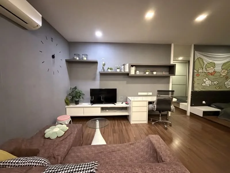 Living features: brown fabric sofa, white TV console, wall-mounted shelves, decorative plants, wall clock, wooden flooring, recessed ceiling lights, grey painted walls, study desk with chair, open shelving unit; style: modern.