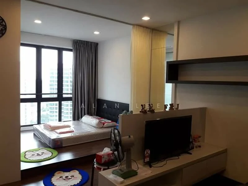 Bedroom features: king-size bed, upholstered headboard, floor-to-ceiling windows, grey curtains, wooden flooring, wall-mounted TV, TV console, decorative rug with animal design, ceiling lights, fan, built-in wardrobe with mirror; style: modern; view: city.