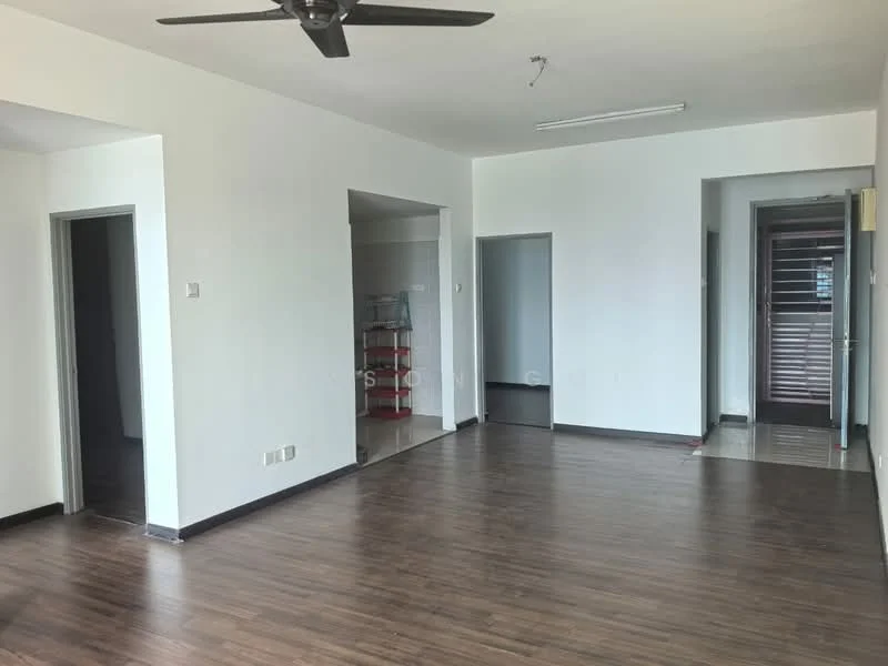 Living features: laminate flooring, white painted walls, ceiling fan, doorway to adjacent rooms, large windows, neutral color scheme, open layout, no visible furniture; style: modern. Room features: doorway to hallway, doorway to kitchen, doorway to bedroom.