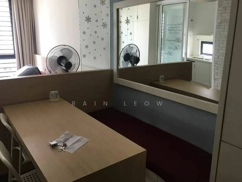 Room features: wooden flooring, white painted walls, large mirror, two wall-mounted fans, desk with chair, red upholstered bench, built-in cabinetry, window with blinds; style: modern.