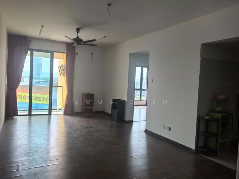 Living features: dark wood flooring, white painted walls, 5-blade ceiling fan, floor-to-ceiling windows, sliding glass door, curtains, open layout, wall-mounted TV console, decorative shelving unit; style: modern; view: city.