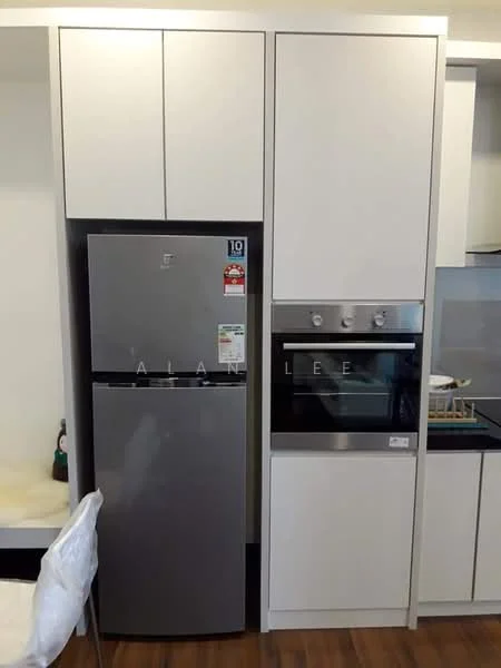 Kitchen features: stainless-steel fridge, built-in oven, white cabinetry, countertop, wood laminate flooring; style: modern.