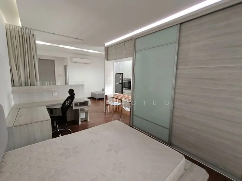 Bedroom features: queen-size bed, upholstered headboard, built-in wardrobe with sliding glass doors, wooden flooring, desk with chair, wall-mounted air conditioning unit, curtains, recessed ceiling lights; style: modern.