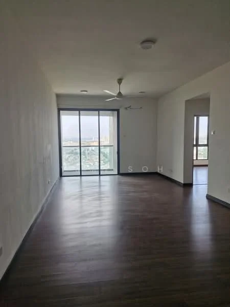 Living features: wooden flooring, white painted walls, 5-blade ceiling fan, floor-to-ceiling windows, sliding glass door, city view, recessed downlights; style: modern; view: city.