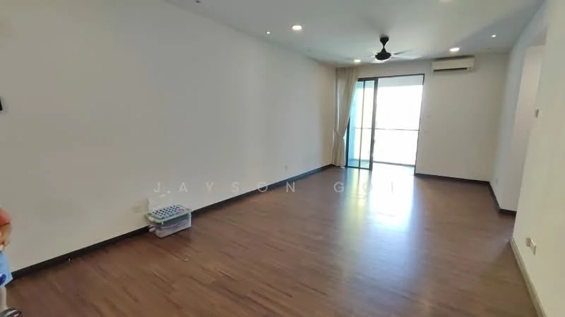 Living features: laminate flooring, white painted walls, ceiling fan, floor-to-ceiling sliding glass door, curtains, air conditioning unit, natural light from window, neutral color scheme; style: modern.