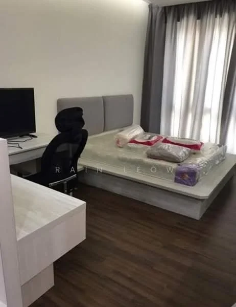 Bedroom features: queen-size bed with mattress, grey upholstered headboard, wooden flooring, white painted walls, floor-to-ceiling windows with sheer curtains, desk with storage drawers, ergonomic office chair, TV on stand; style: modern.