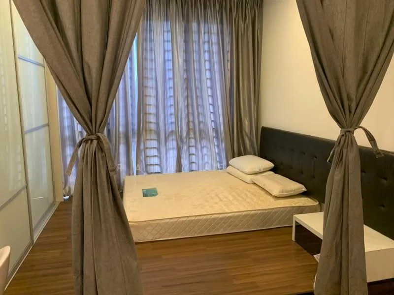 Bedroom features: queen-size bed, upholstered headboard, two pillows, wooden flooring, floor-to-ceiling windows, sheer curtains, dark grey curtains, white bedside table; style: modern.